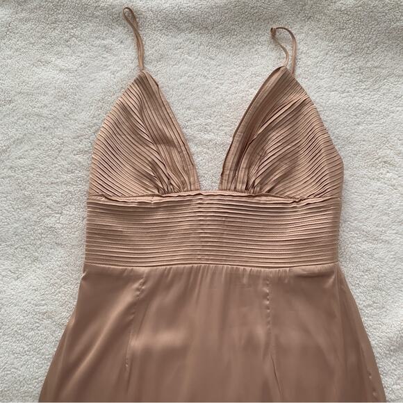 HOUSE OF CB Ronel Nude Tan Beige Champagne Gold Silky Satin Pin Tuck MIDI Dress - Picture 6 of 14